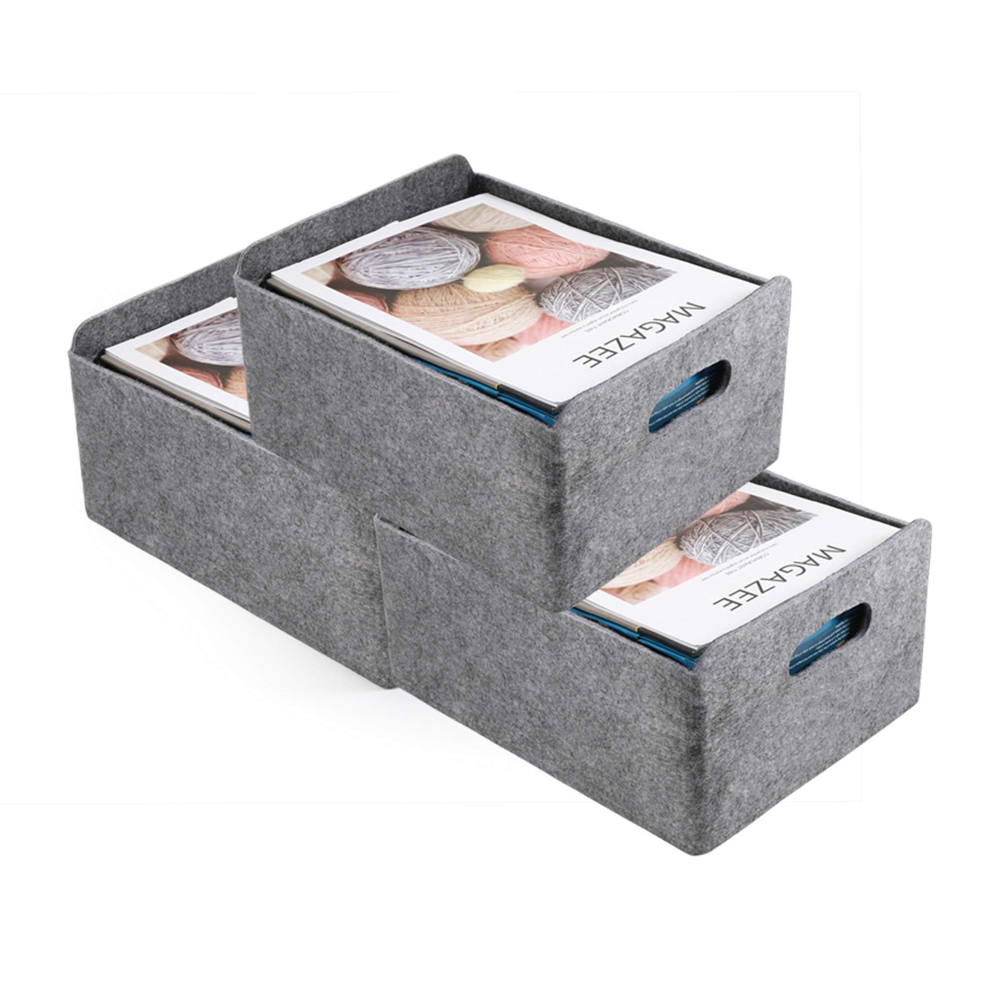 Welaxy Storage Baskets 3-Piece Collapsible Felt Storage Bin Foldable Shelf Drawers Organizers Bins Organizie Box With Handles For Kids Toys Pet Toy Books Clothes Closet Cabinet Organise (Charcoal X3)